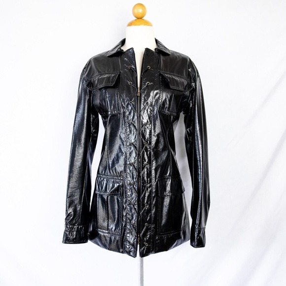 Yves Saint Laurent Black Patent Leather Safari Jacket Vintage Evening Jacket S - Picture 1 of 13
